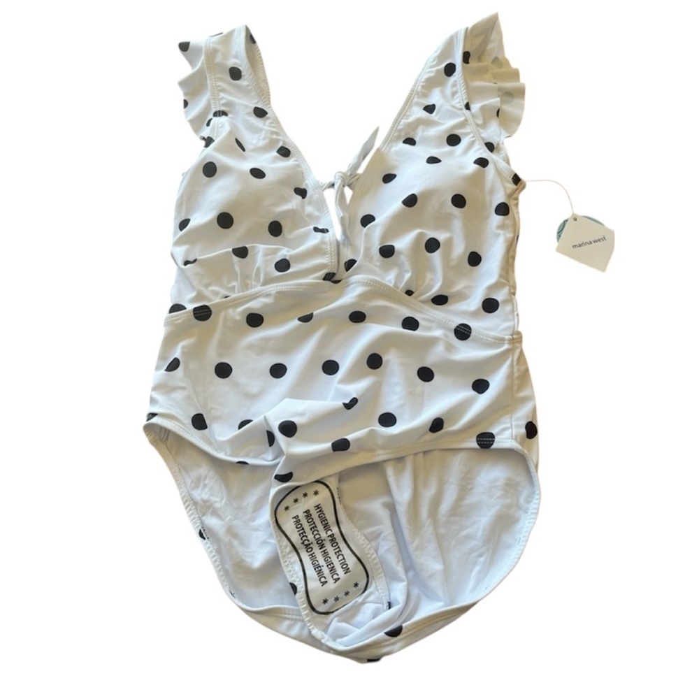NWT Marina West White/Black Polka Dot Ruffle Accent Swimsuit Size L - Picture 9 of 10
